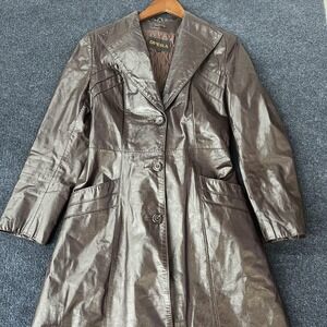 Vintage Opera Trench Coat Womens 11 Brown Faux Leather Long Belted Quilted Lined